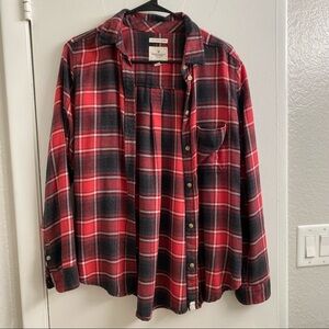 American Eagle Women’s Red, Grey & White Plaid Boyfriend Fit Flannel Size S